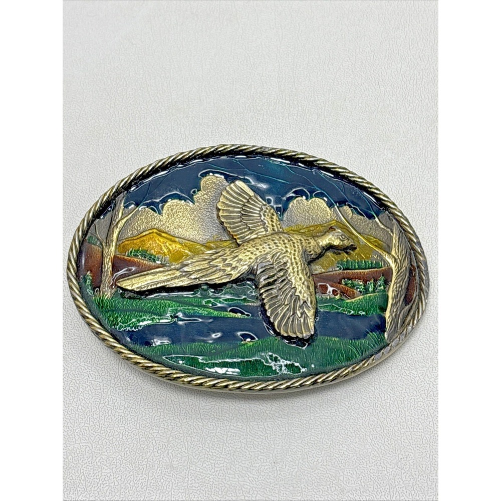 Pheasant Mountain Scenery Enameled 1980 Great American Belt Buckle 80s Vintage‎